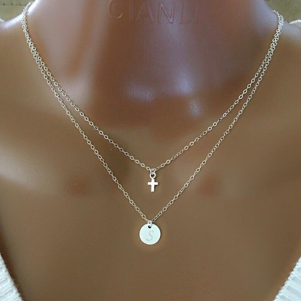BIG SALE! Mother’s Day Gift, Personalized Layered Necklace With Tiny Cross And Initial Discs Charm, Custom Initial Discs, Custom Jewelry