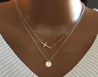 Christmas Gift, Personalized Layered Sterling Silver Sideway Cross With Initial Discs Necklace, Custom Initial Discs, Birthday Gift