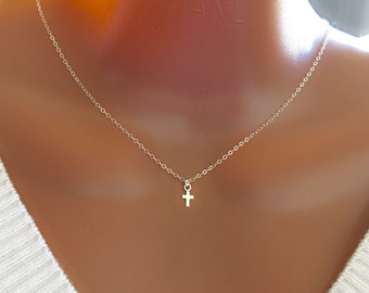 Dainty Sterling Silver Cross Necklace, Custom Birthstone Charm