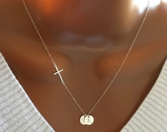 Christmas Gift, Personalized Sterling Silver Sideway Cross And Initial Discs Necklace, Custom Initial Discs & Birthstone, Birthday Gift