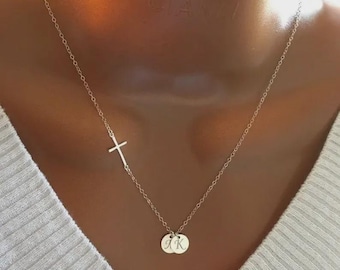 Mothers Necklace, Christmas Gift, Personalized Sideway Cross And Initial Discs Necklace, Custom Initial Discs, Mother Daughter Gift