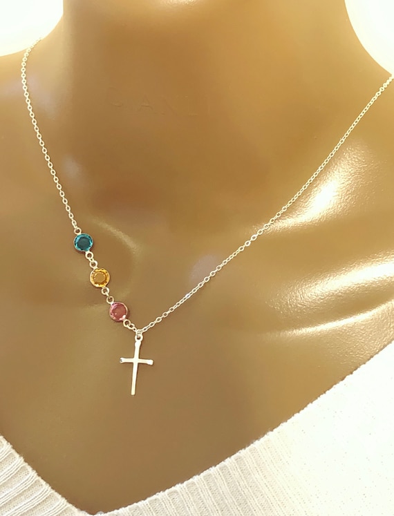 Cross birthstone necklace mother sale