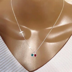 Mother Daughter Necklace, Family Necklace, Personalized Sideway Cross And Swarovski Birthstones Charm Necklace, Custom Swarovski Birthstones