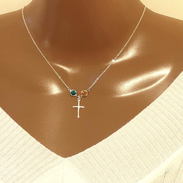Sterling Silver Cross Necklace, Swarovski Birthstone, Personalized Gift