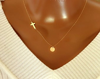 BIG SALE! Mother’s Day Gift, Personalized Cross And Initial Discs Necklace, Personalized Initial Discs, Christmas Gift, Gift For Her