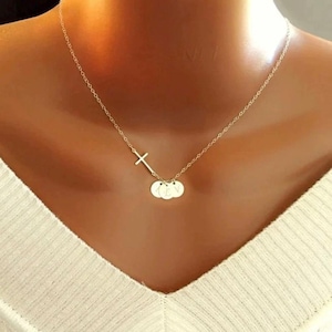 Personalized Sideway Cross And Initial Discs Necklace, Birthday Gift For Her, Custom Initial Discs & Birthstone
