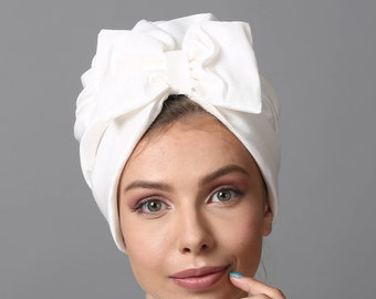 White Fashion Turban Hijab, Women's Tichel Mitpachat, Chemo Hair Loss Head Wrap Covering