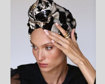 Sequin Fashion turban, vintage turban, black turban hat, beaded turban- 3 colors available