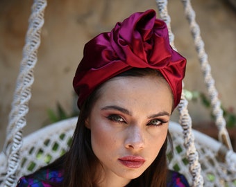 Full Turban Head covering, Vintage turban hat, Red chemo turban, Satin head turban, Fashion turban head wrap for women