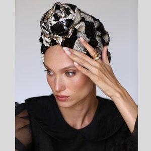 Sequin Fashion turban, vintage turban, black turban hat, beaded turban- 3 colors available