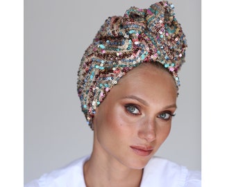 Luxury turban bonnet femme, Pre-tied turban, Hair wrap turban, Glitter turban