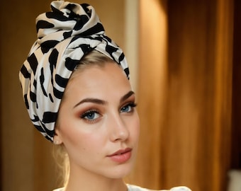 Stylish Zebra Print Satin Head Wrap Scarf for Women – Versatile Turban Style Hair Accessory, Fashionable and Lightweight Headscarf