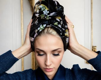 Black Sequin Floral Turban Headwrap – Elegant Pre-Tied Hair Accessory for Evening Wear & Special Events, Perfect Gift Idea