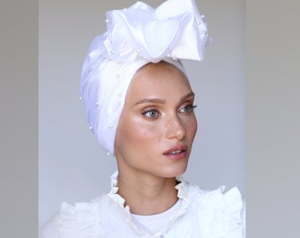 Bridal turban, wedding turban, tulle bridal occasion turban, pearl turban, white turban