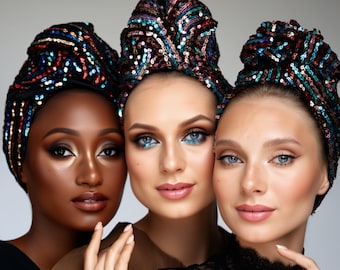 Turban – Multicolor Sequin Gatsby Style – Pre-Tied Luxury Headwrap for Women