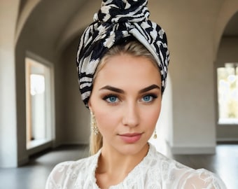 Turban-Kopftuch mit Zebramuster für Damen – Auffälliges, vorgebundenes Haaraccessoire – Stilvolle und elegante Kopfbedeckung für formelle Veranstaltungen, Freizeitkleidung