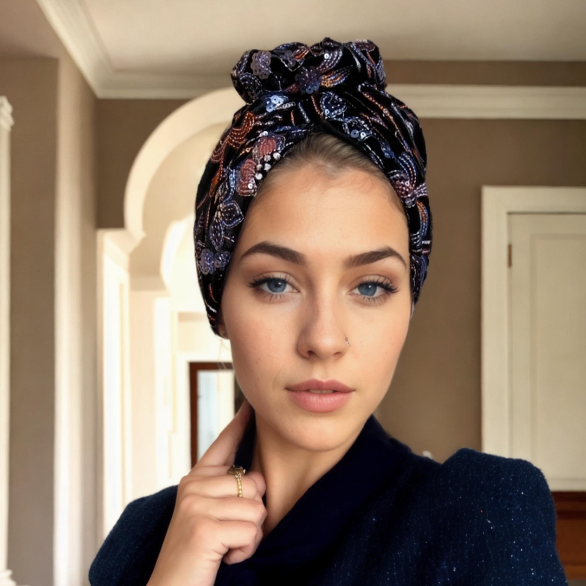 Black Sequin Turban / Headwrap NWOT Beaded Sequin Head Wrap – Midnight Veil | Black Luxury  main image 2