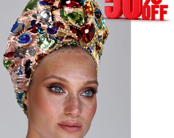 Gold Sequin Embellished Turban – Handcrafted Artistic Headwrap for Women