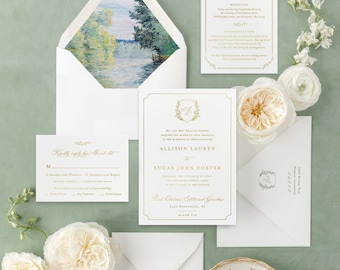 Letterpress wedding invitations, Wedding Invitation Suite Allison, wedding invitation cards with crest and custom monogram, gold foil