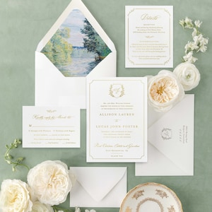 Letterpress wedding invitations, Wedding Invitation Suite Allison, wedding invitation cards with crest and custom monogram, gold foil