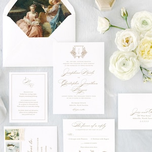 Josephine Suite elegant wedding invitations with wedding crest and custom monogram, digital, foil or letterpress wedding invitation cards