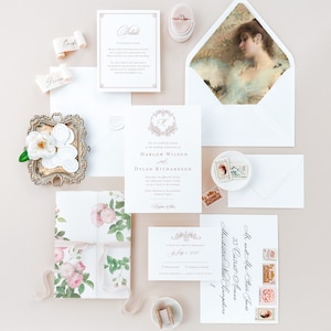 Harlow elegant wedding invitations with botanical crest and custom monogram, letterpress wedding invitations classy invitation cards suite