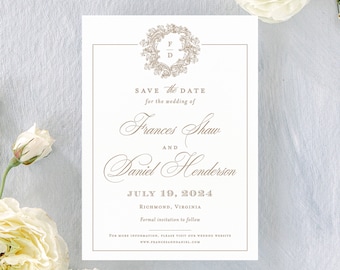 Letterpress save the dates Frances, printed save the date cards with photo, gold foil save the dates, elegant wedding announcements, classic