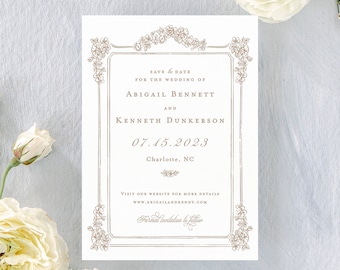 Abigail letterpress save the dates, printed save the date cards with photo, gold foil save the dates, elegant wedding announcements, classic