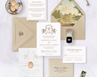 Royal Lion Suite elegant wedding invitations with Victorian crest and custom monogram, letterpress wedding invitations classy invites sample