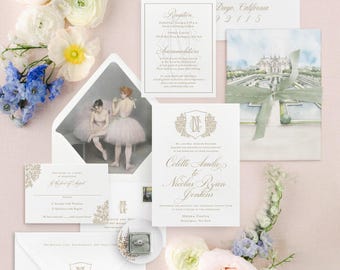 Letterpress wedding invitations Colette, elegant wedding invitation cards with botanical crest, gold foil wedding invitation suite monogram
