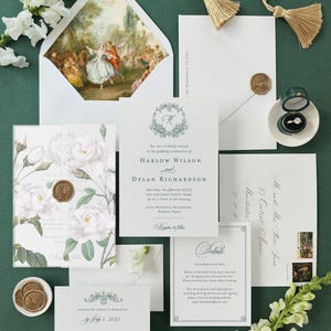 Harlow elegant wedding invitations with botanical crest and custom monogram, letterpress wedding invitations classy invitation cards suite image 3
