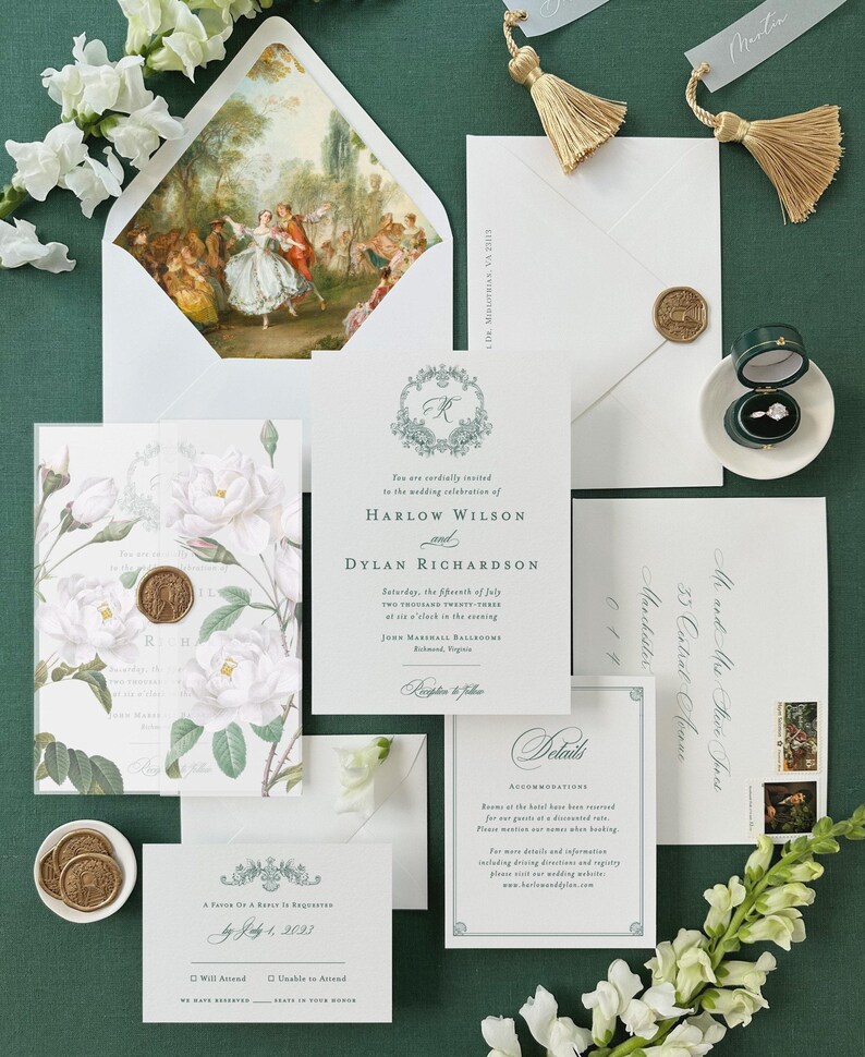 Harlow elegant wedding invitations with botanical crest and custom monogram, letterpress wedding invitations classy invitation cards suite image 3
