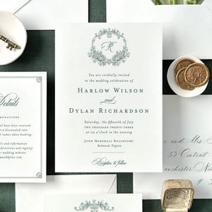 Harlow elegant wedding invitations with botanical crest and custom monogram, letterpress wedding invitations classy invitation cards suite image 4