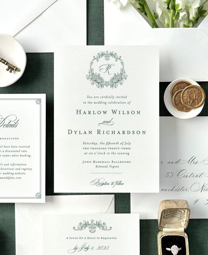 Harlow elegant wedding invitations with botanical crest and custom monogram, letterpress wedding invitations classy invitation cards suite image 4