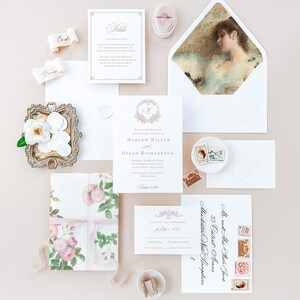 Harlow elegant wedding invitations with botanical crest and custom monogram, letterpress wedding invitations classy invitation cards suite image 1