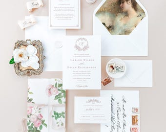 Harlow elegant wedding invitations with botanical crest and custom monogram, letterpress wedding invitations classy invitation cards suite