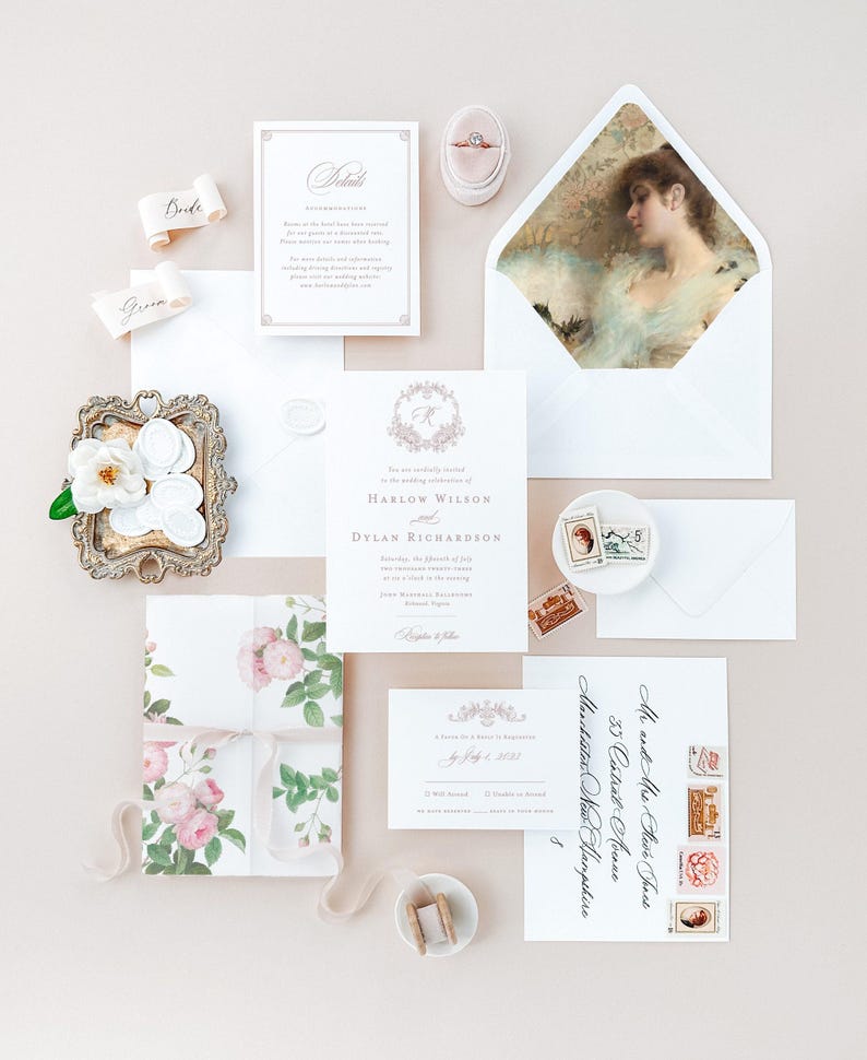 Harlow elegant wedding invitations with botanical crest and custom monogram, letterpress wedding invitations classy invitation cards suite image 1