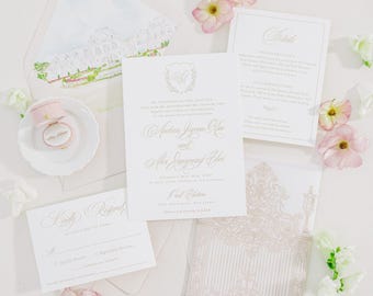 Isabella letterpress wedding invitation suite, elegant wedding invitations with wedding crest, classy invitations, wedding invitation sample