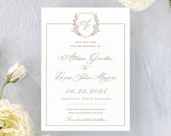 Letterpress save the dates Allison, printed save the date cards with photo, gold foil save the dates, elegant wedding announcements, classic