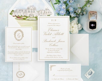 Eleanor wedding invitations letterpress, digital or gold foil, elegant wedding invitation suite, classic invitation cards with wedding crest