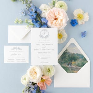 Harlow elegant wedding invitations with botanical crest and custom monogram, letterpress wedding invitations classy invitation cards suite image 2