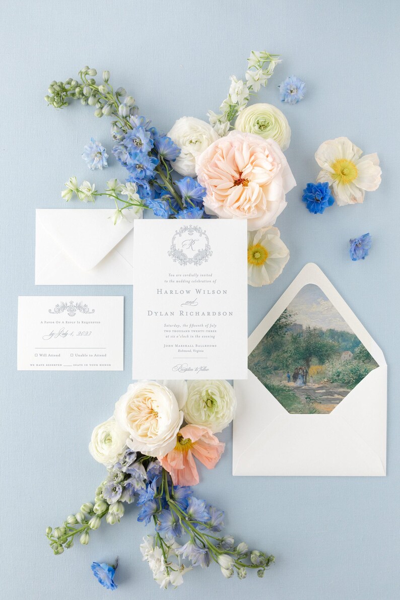 Harlow elegant wedding invitations with botanical crest and custom monogram, letterpress wedding invitations classy invitation cards suite image 2