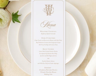 Phoebe wedding menu cards with place cards, printed wedding menus with name tags, dinner menu cards with wax seals, elegant wedding menus