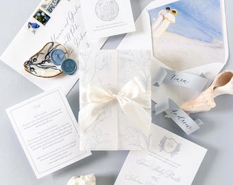 Elegant wedding invitations for tropical wedding, Ariel letterpress wedding invitation suite, tropical crest, beach wedding invitation cards