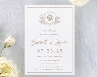 Genevieve letterpress save the dates, printed save the date cards with photo, gold foil save the dates, elegant wedding announcements