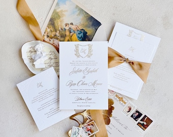 Letterpress wedding invitations, elegant wedding invitation suite with crest and custom monogram, classy wedding invitation cards Juliette
