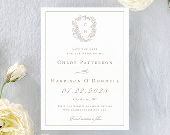 Chloe letterpress save the dates, printed save the date cards with photo, gold foil save the dates, elegant wedding announcements, classic