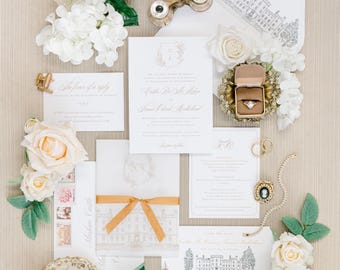 Camille Suite elegant wedding invitations with botanical crest, letterpress wedding invitations classy invitation suite custom invitations