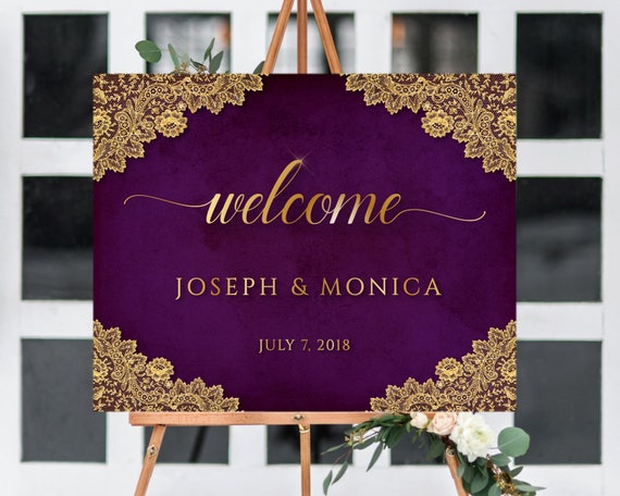 Purple And Gold Wedding Welcome Sign Board Wedding Welcome Etsy