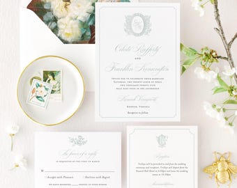 Letterpress wedding invitations Celeste, elegant wedding invitation cards with botanical crest, gold foil wedding invitation suite monogram